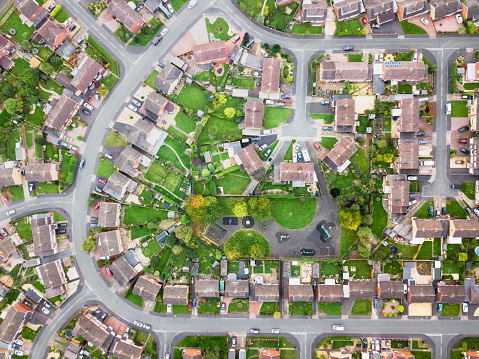 Aerial view of traditional housing estate in England.