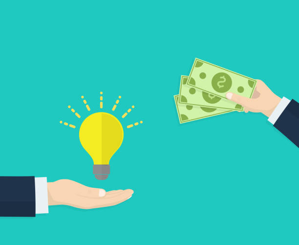 istock Hand holds money, hand holds light bulb. Investing in innovation, buy ideas, strategy, modern technology business concept. Modern flat design graphics for web sites, web banners, infographics. 931500584