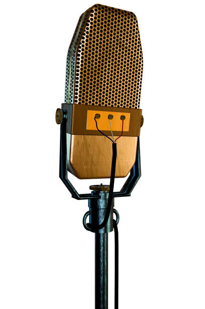 rear view of a vintage ribbon microphone on a stand with a white background - radio 1930s imagens e fotografias de stock