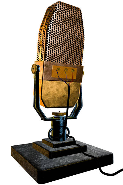 rear view of a vintage ribbon microphone on a table top stand with a white background - 1930s style radio retro revival old fashioned imagens e fotografias de stock
