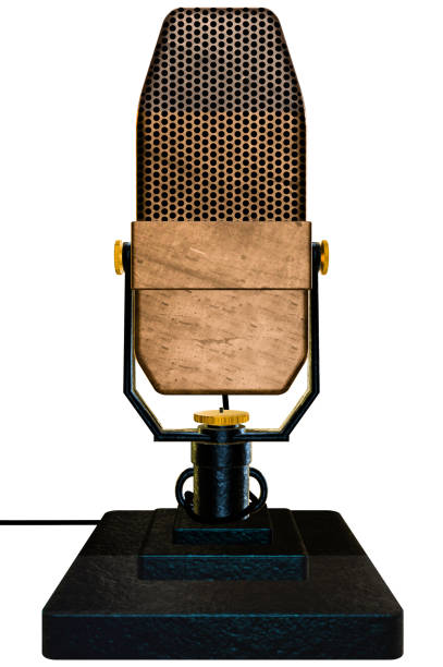 microfono a nastro vintage su un supporto da tavolo con sfondo bianco - microphone retro revival old fashioned isolated foto e immagini stock