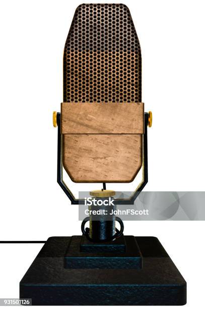 Vintage Ribbon Microphone On A Table Top Stand With A White Background - Fotografias de stock e mais imagens de Microfone