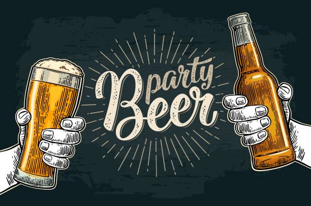 Two hands holding and clinking with beer glasses and bottle Two male hands holding and clinking glass and bottle. Beer party calligraphic handwriting lettering. Vintage vector color engraving illustration for invitation. Isolated on dark background. happy hour illustrations stock illustrations