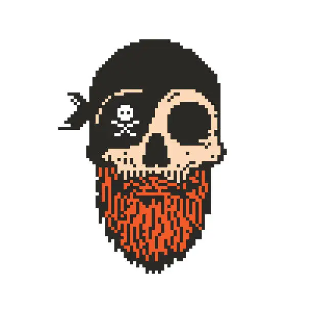 Vector illustration of Pixel art pirate skull with beard