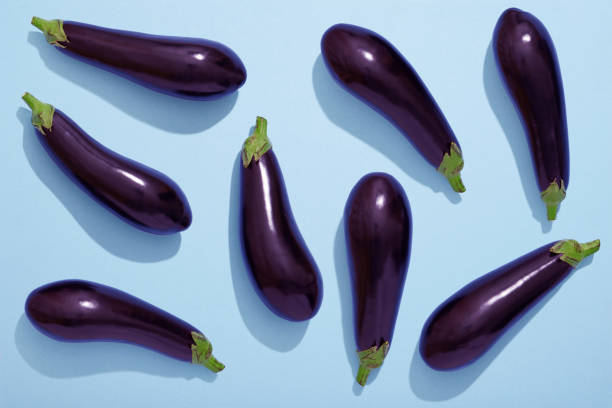 berenjenas en el fondo azul, berenjena plano lay - eggplant fotografías e imágenes de stock