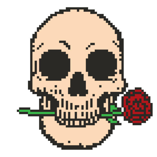 Pixel art skull and rose Skull and rose vector illustration clip art of a dead rose stock illustrations