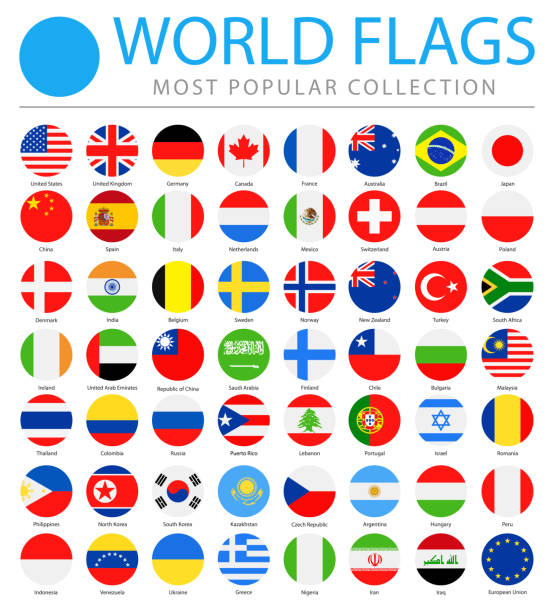 illustrazioni stock, clip art, cartoni animati e icone di tendenza di bandiere mondiali - icone piatte rotonde vettoriali - più popolari - bandiera
