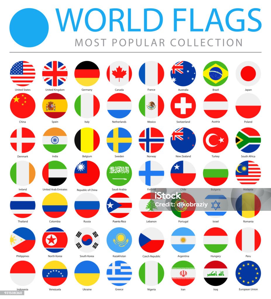 Мировые флаги - Вектор круглые плоские иконы - Самые популярные - Векторная графика Флаг роялти-фри