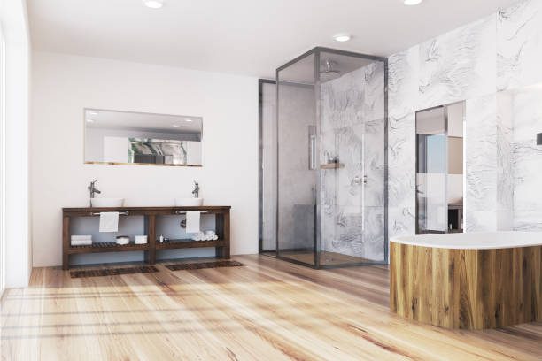 istock Modern bathroom corner with a wooden tub 931509338
