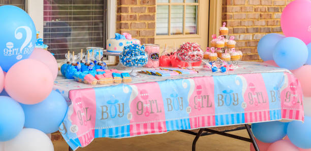 Outdoor Pink and Blue Gender Reveal Party Decoration stock photo