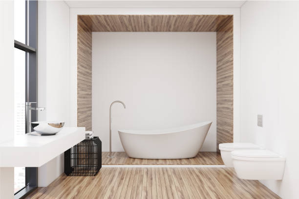 istock White tub in a white and wooden bathroom 931509458