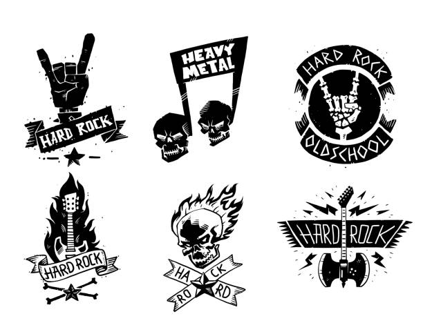 Heavy rock music vector badge vintage label with punk skull symbol hard rock-n-roll sound sticker emblem illustration Heavy rock music vector badge vintage label with punk skull symbol hard rock-n-roll sound sticker emblem illustration. Creative recording hipster classic template. guitar icons stock illustrations