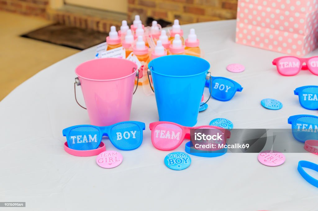 Outdoor Pink and Blue Gender Reveal Party Decoration Pink and blue, girl or boy, outdoor gender reveal party decoration and party favorites. Gender Reveal Party Stock Photo