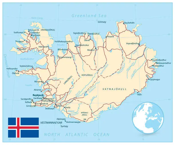 Vector illustration of Iceland Map and roads