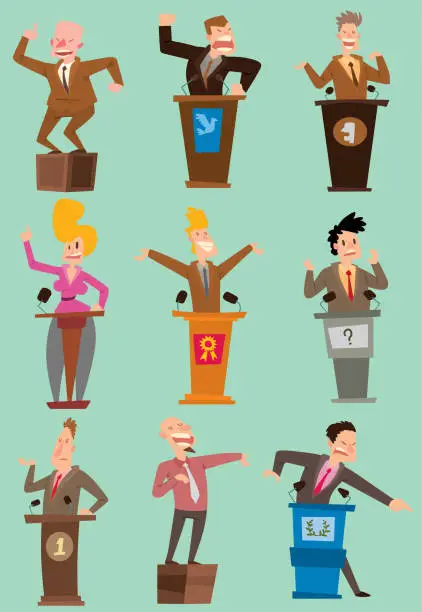 Vector illustration of Orator politician people speakers broad gestures behind podium parliament, republican, democrat president speaker makes report public press debate politicians people eoquent speech before an audience