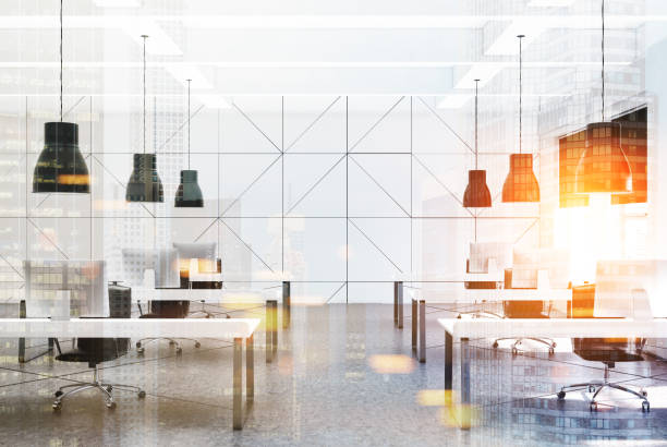 istock Open space office, rows of desks toned 931512972
