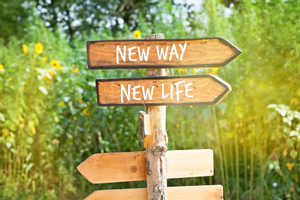 木製の方向標識: 新しい方法、新しい人生 - 誕生 ストックフォトと画像