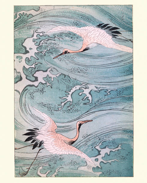 japońska sztuka, bociany latające nad wodą - fine art painting obrazy stock illustrations