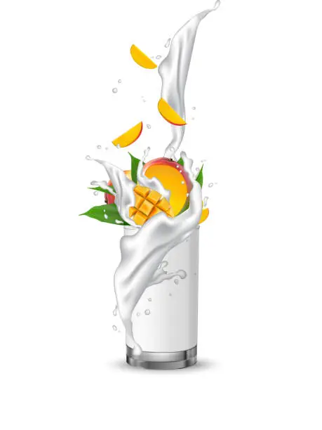 Vector illustration of Milkshake mango fruit cocktail.  Mango slices falling into the glass. Vector.