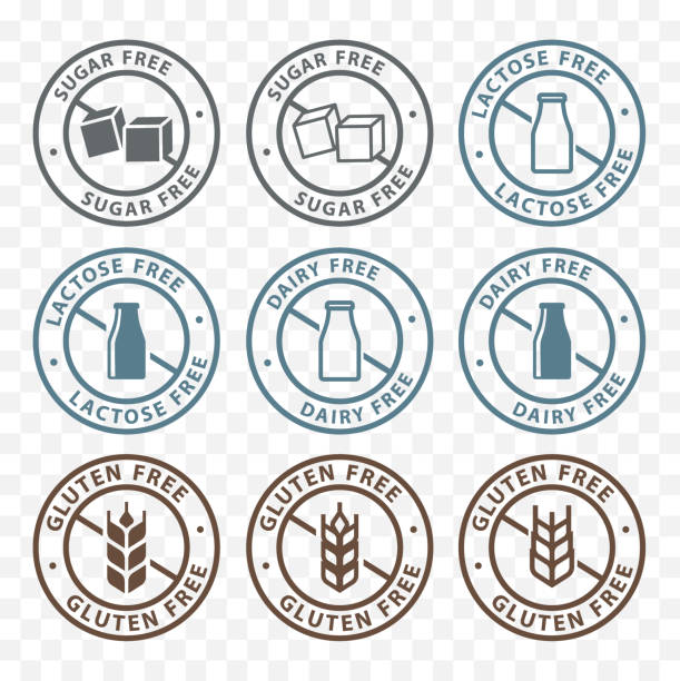 sugar free, dairy free, lactose free, gluten free packaging sticker label icons sugar free, dairy free, lactose free, gluten free packaging sticker label icons gluten free stock illustrations