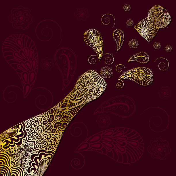 ilustraciones, imágenes clip art, dibujos animados e iconos de stock de saludo de fondo con oro patrón botella de champagne con corcho emitida. adorno en estilo étnico con el motivo de henna india. - swirl christmas champagne coloured holiday backgrounds