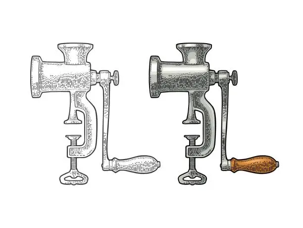 Vector illustration of Meat grinder. Vector black vintage engraving