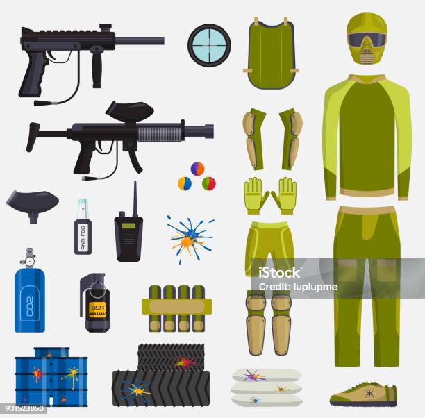 Paintball Game Vector Guns And Player Body Paintball Club Symbols Icons Protection Uniform And Active Sport Design Elements Shooting Man Costume Equipment Target Illustration Stock Illustration - Download Image Now