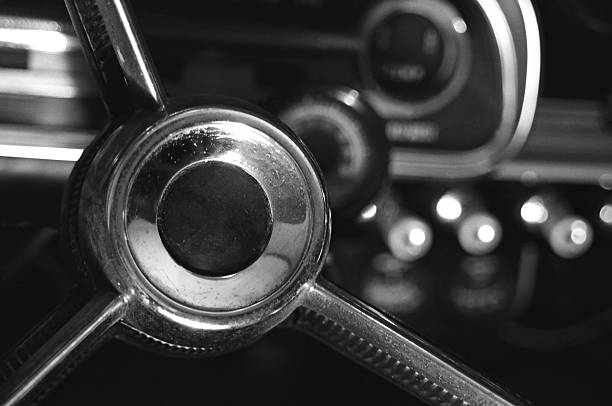 istock Vintage car steering wheel and gauges 93152683