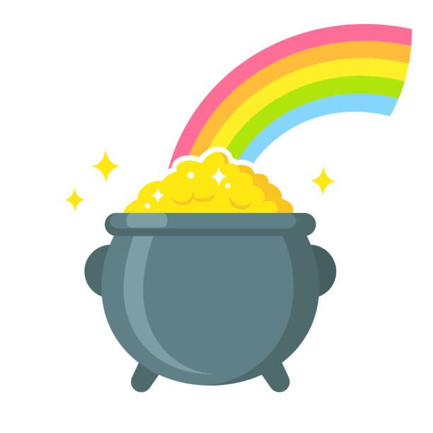 Pot of gold with rainbow Pot of leprechaun gold at the end of rainbow. Traditional St. Patricks day symbol, isolated clip art illustration. Flat cartoon vector style. cute leprechaun stock illustrations