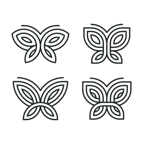 Geometric butterfly set Set of four stylized geometric butterfly symbols, celtic knot style tattoo design or icon. Isolated vector illustration collection. celtic knot animals stock illustrations