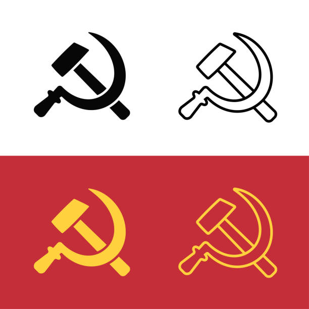 Communist hammer and sickle symbol Soviet hammer and sickle icon set. Communist symbol from USSR flag. Line icon and silhouette vector clip art illustration. communism stock illustrations