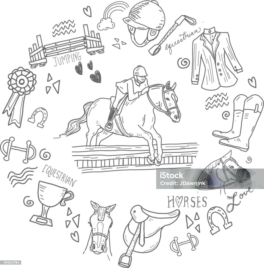 Cute set of hand drawn equestrian horse rider elements Cute set of hand drawn equestrian horse rider elements with hand written text. Includes, jumping horse with rider, fence, rainbow, saddle, riding crop, riding boots, trophy, ribbon, horseshoe, bit, riding jacket, riding hat and cute elements. Easy to edit. Horse stock vector