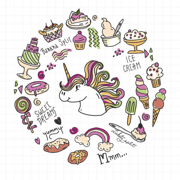 набор счастливых сладких сладких угощен�ий сахаром с единорогом - indulgence stock illustrations