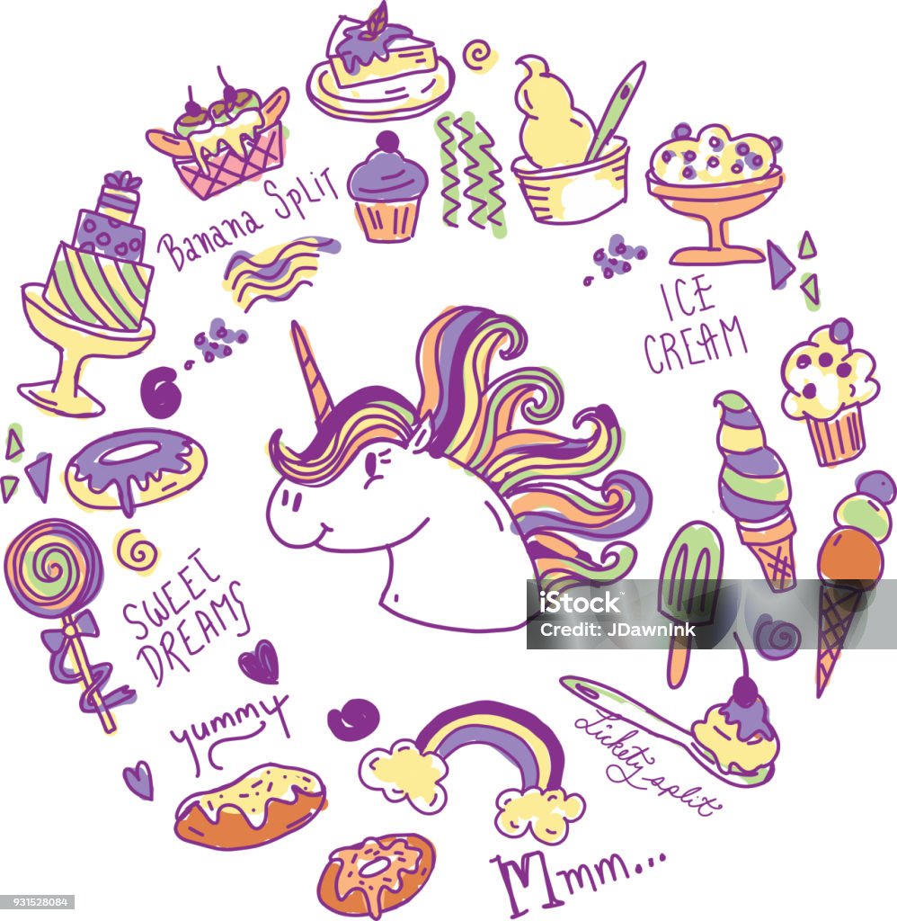 Set of happy sugar sweet treats with unicorn Set of happy sugar sweet treats in circular formation with unicorn. Happy things include, donuts, eclairs, trifle, pastry treats, rainbow, sundae and handwriting text. Baked Pastry Item stock vector