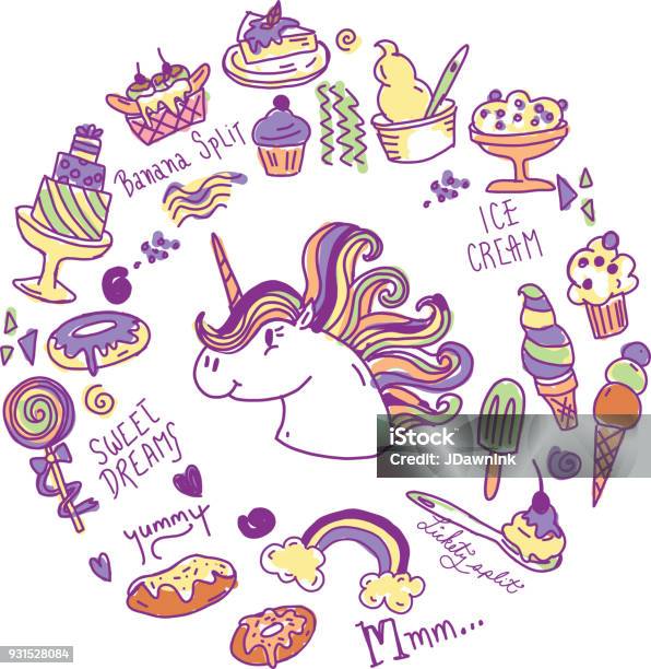 Set Of Happy Sugar Sweet Treats With Unicorn Stock Illustration - Download Image Now - Baked Pastry Item, Banana Split, Cake