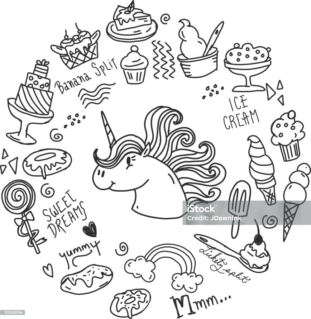 Set of happy sugar sweet treats with unicorn Set of happy sugar sweet treats in circular formation with unicorn. Happy things include, donuts, eclairs, trifle, pastry treats, rainbow, sundae and handwriting text. Unicorn stock vector