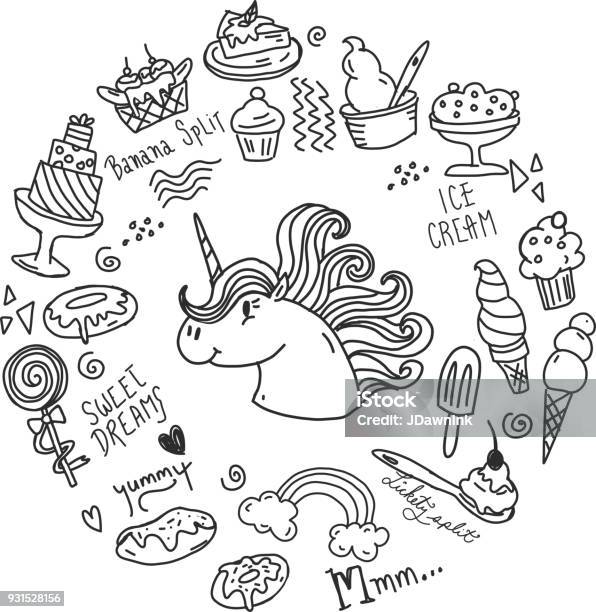 Set Of Happy Sugar Sweet Treats With Unicorn Stock Illustration - Download Image Now - Unicorn, Drawing - Art Product, Cheesecake