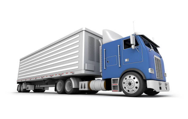 istock Logistics concept. American Freightliner Cargo truck transporting goods moving from left to right isolated on white background. Side view. 3D illustration 931530430