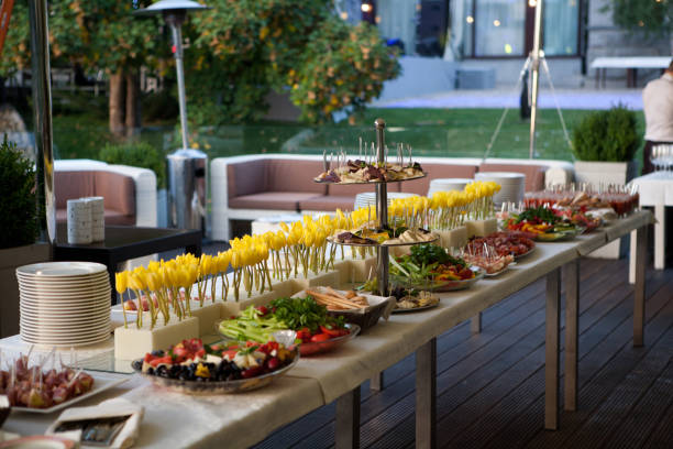 Buffet line of lunch and dinner.Buffet self-service food Buffet served table with snacks,fruits,canape,sweets and appetizers.Catering event plate service.Smorgasbord,food choice of breakfast in restaurant caterer photos stock pictures, royalty-free photos & images