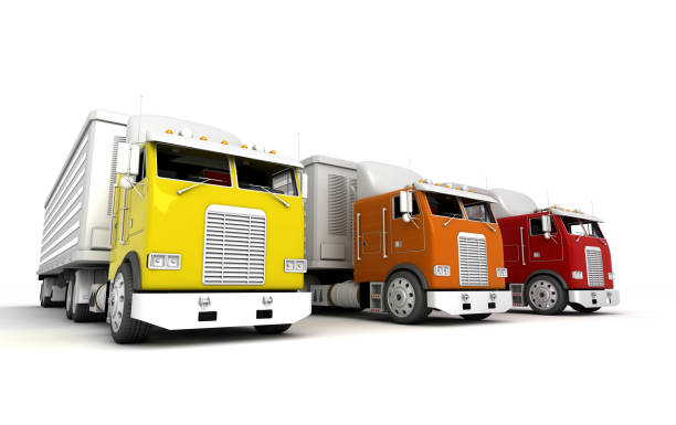 istock Logistics concept. Group of american freightliner cargo trucks isolated on white background. Front view. 3D illustration 931530494