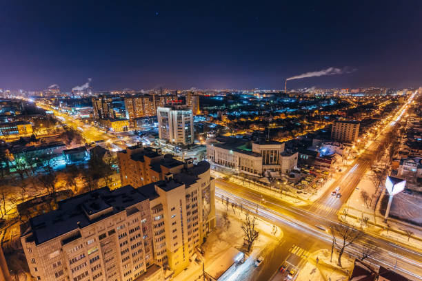 istock Night Voronezh aerial cityscape from rooftop. Intersection on Moscow prospect 931530872