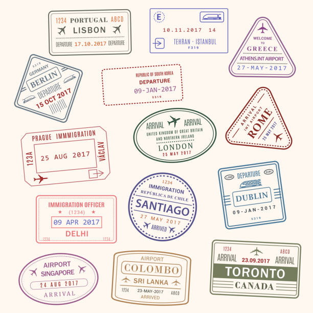 ilustrações de stock, clip art, desenhos animados e ícones de passport stamp vector city and country icons set - emigration and immigration passport passport stamp usa