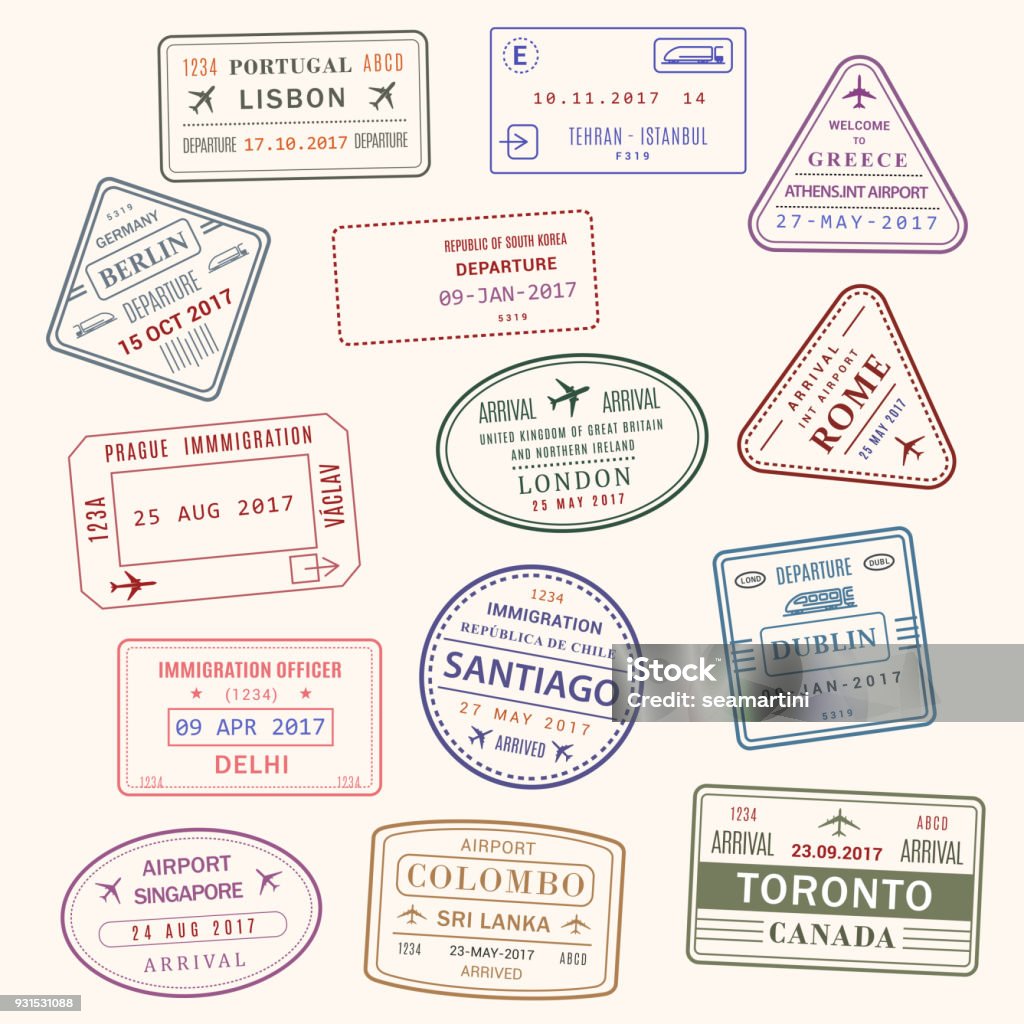 Passport stamp vector city and country icons set Passport country stamps vector set of Lisbon Portugal, Athens Greece or London Britain and Toronto Canada. Isolated passport ink stamp of Santiago, Colombo in Sri Lanka and Delhi India travel Passport Stamp stock vector