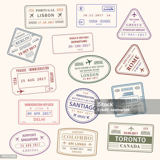 Passport Stamp Vector City And Country Icons Set Stock Illustration - Download Image Now - Passport Stamp, Rubber Stamp, Passport