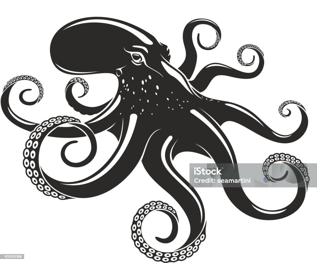 Octopus vector ocean seafood mollusc icon Octipus marine mollusk animal vector silhouette icon. Ocean Octopus with arms tentacles symbol for seafood restaurant or fish food and fishing market or zoology design template Octopus stock vector