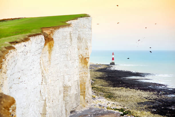 falaises de craie blanche belle des sept sœurs au littoral birling gap, eastbourne, east sussex, uk - seaford photos et images de collection