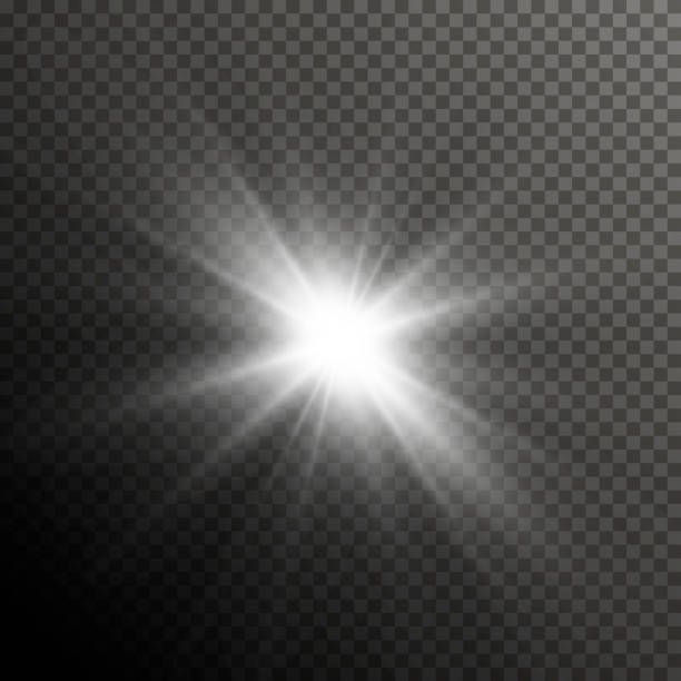 illustrazioni stock, clip art, cartoni animati e icone di tendenza di effetto speciale flare dell'obiettivo luminoso. starburst lucido con scintille. lampo di sole trasparente con faretti e raggi - isolated object flash