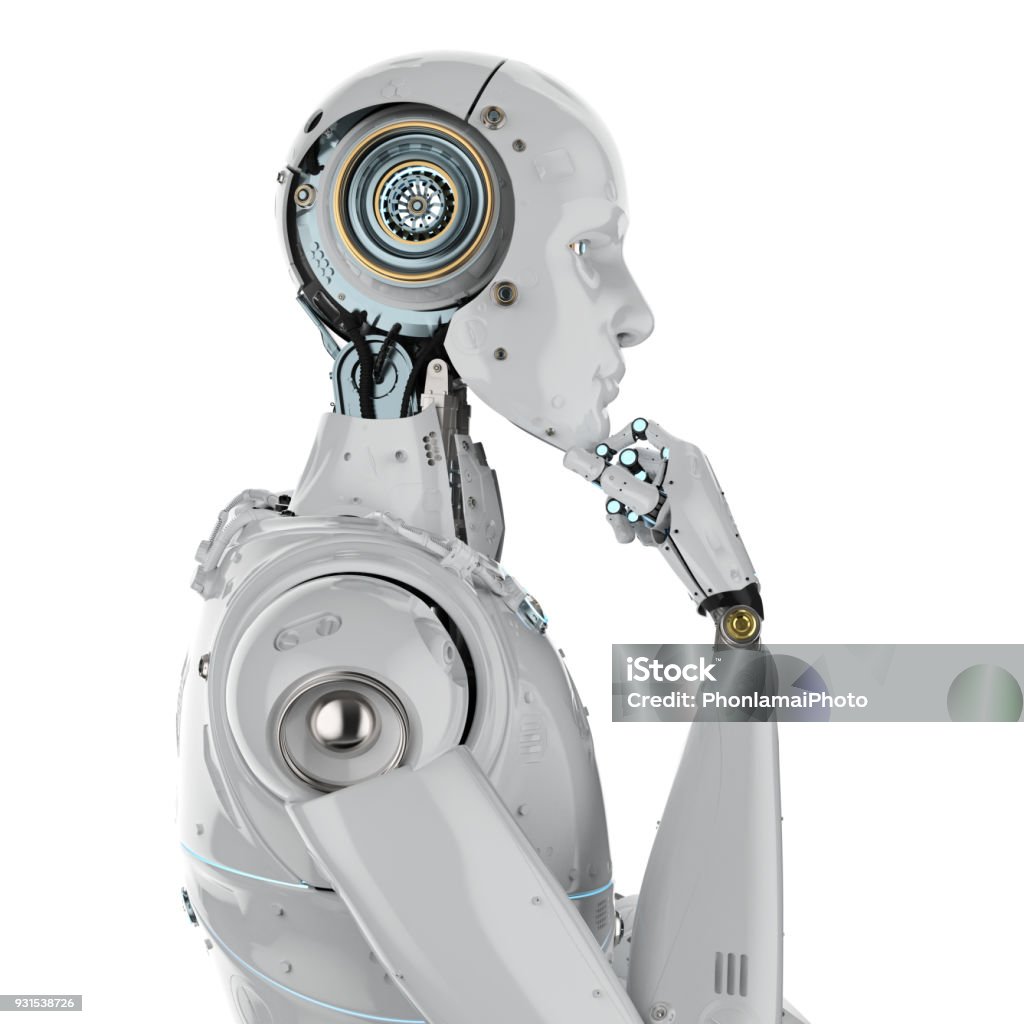 humanoid robot thinking 3d rendering humanoid robot thinking on white background Robot Stock Photo
