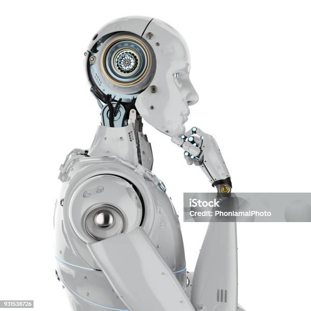 Humanoid Robot Thinking Stock Photo - Download Image Now - Robot, Artificial Intelligence, White Background