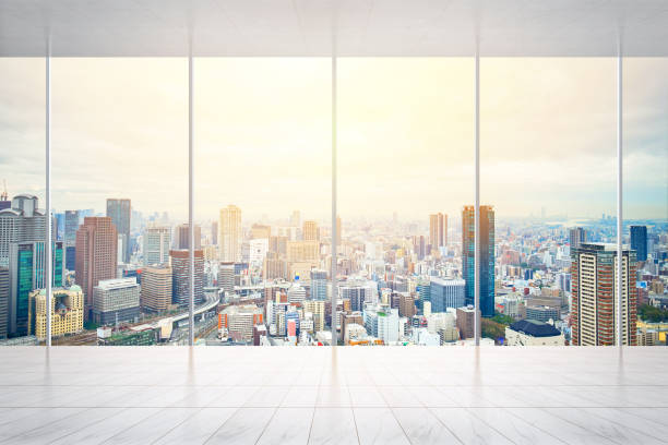 istock empty marble floor and window with panoramic modern cityscape building bird eye aerial view of Osaka, Japan, for display or mock up 931554900